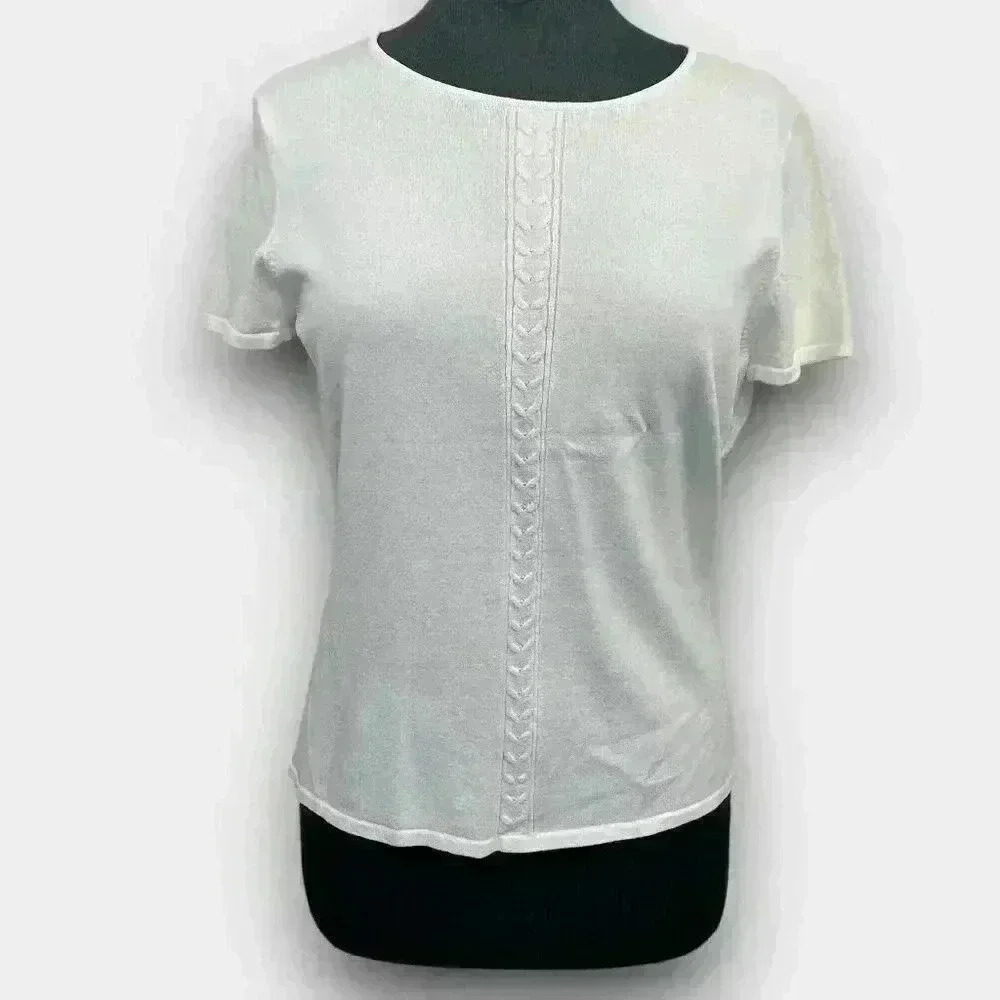Jones New York Women’s Sweater Top L White Cable Knit Short Sleeve Crew Neck